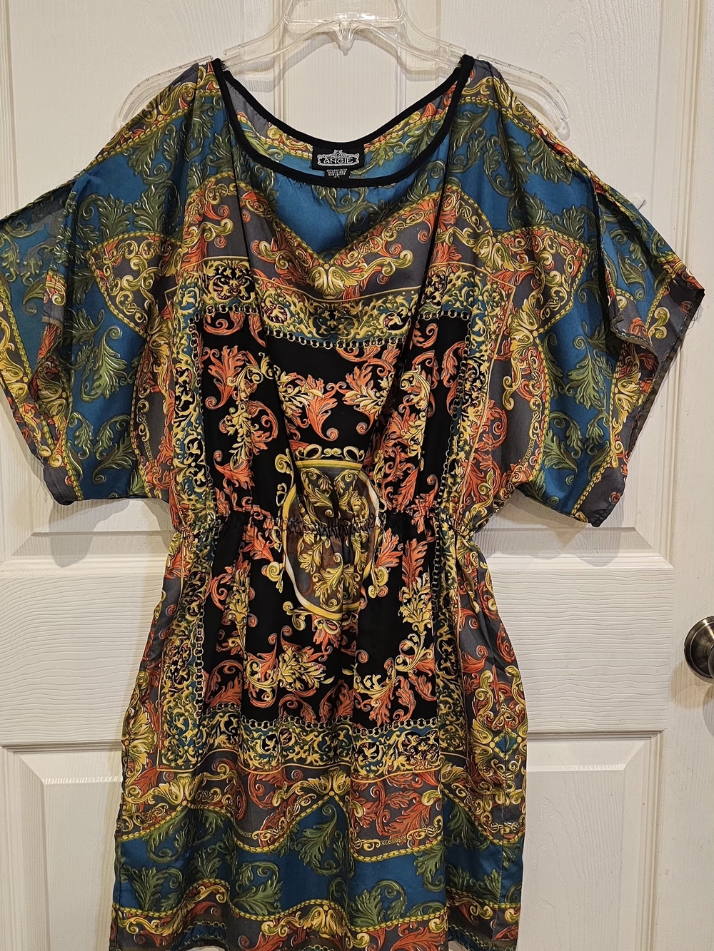 Bohemian Printed Mini Dress in Teal and Black